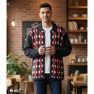 Jaeger Wool Cardigan Sweater Men's 38 Grey Red‎ Geometric Diamond Button Front